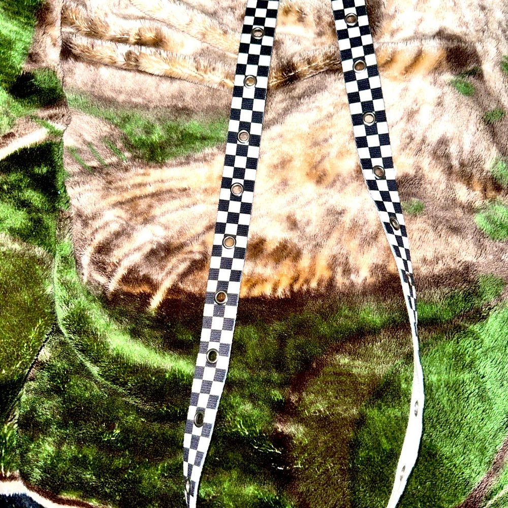 Black and white checkered belt.